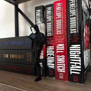 Puede incluir: Una figura negra de una figura encapuchada leyendo un libro, colocada frente a una estanter&iacute;a de libros. Los libros incluyen t&iacute;tulos como "Hideaway", "Kill Switch" y "Nightfall" de Penelope Douglas. La estanter&iacute;a es de madera.
