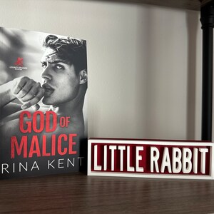 Może przedstawiać: Książka zatytułowana "God of Malice" autorstwa Riny Kent, z czarno-białym zdjęciem na okładce. Obok znajduje się biało-czerwony znak z napisem "LITTLE RABBIT".