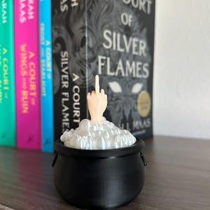 Op de afbeelding: Een zwarte ketel met wit schuim dat eroverheen borrelt. Een middelvinger steekt uit het schuim. De ketel staat op een houten oppervlak voor een boekenkast met verschillende boeken getiteld "A Court of Silver Flames" van Sarah J. Maas.