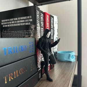 Puede incluir: Una figura negra de un personaje con capucha, apoyada en una pila de libros. Los libros tienen t&iacute;tulos como "Trilogy" y "Corrupt" y est&aacute;n en una estanter&iacute;a de madera. Un recipiente azul con forma de calavera tambi&eacute;n est&aacute; en la estanter&iacute;a.