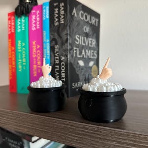 Op de afbeelding: Twee zwarte, ketelvormige containers met wit schuim en een hand die uit elk uitsteekt. De ketels staan op een houten plank met een rij boeken erachter. De boeken hebben titels als "A Court of Silver Flames" en "A Court of Wings and Ruin".