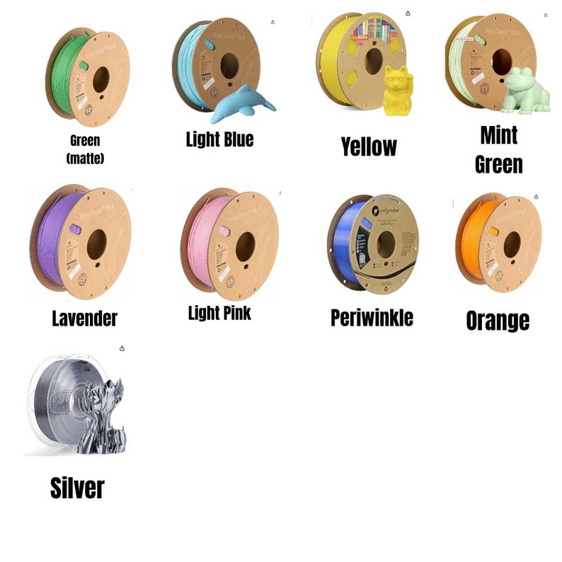 May include: Assortment of spools of filament for 3D printing in various colors, including green, light blue, yellow, mint green, lavender, light pink, periwinkle, orange, and silver.