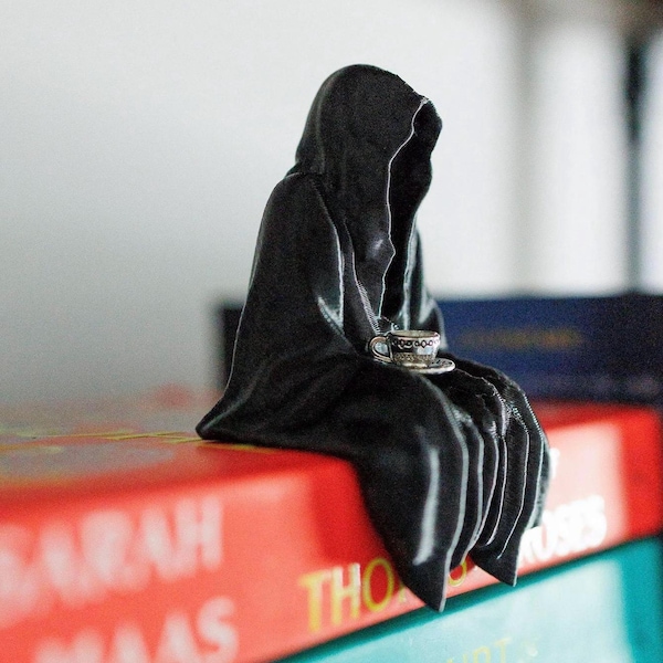 Grim Reaper Sitting Bookshelf Decor 3D Printed Death Figure Gift Bookish Merch Teacup