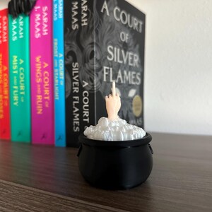 Op de afbeelding: Een zwarte ketel met een witte schuimtop en een hand die uit het schuim steekt en de middelvinger opsteekt. De ketel staat op een houten oppervlak voor een boekenkast met een rij boeken met de titel "A Court of Silver Flames" van Sarah J. Maas.