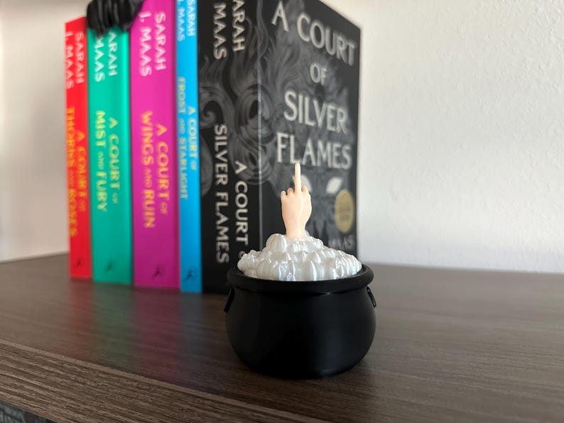 Op de afbeelding: Een zwarte ketel met een witte schuimtop en een hand die uit het schuim steekt en de middelvinger opsteekt. De ketel staat op een houten oppervlak voor een boekenkast met een rij boeken met de titel "A Court of Silver Flames" van Sarah J. Maas.