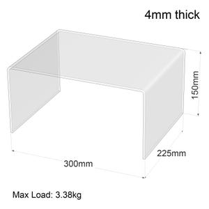 May include: Clear acrylic display stand, 4mm thick, with a U-shaped design. The stand is 300mm long, 225mm wide, and 150mm high. It can hold a maximum load of 3.38kg.
