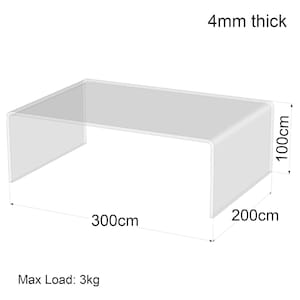 May include: A clear, rectangular display stand with rounded corners. The stand is 300cm long, 200cm wide, and 100cm high, with a thickness of 4mm. It can support a maximum load of 3kg.