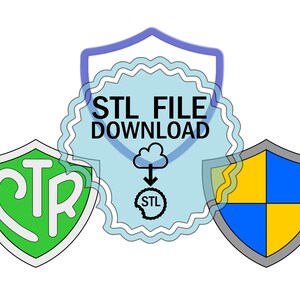 May include: A blue, green, and yellow shield with a white cloud and arrow pointing down to a circle with the word "STL" inside. The text "STL FILE DOWNLOAD" is in a white circle with a blue outline.