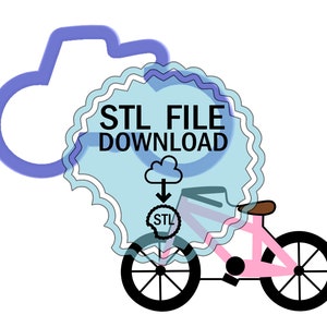 May include: A digital download of an STL file for a pink bicycle. The image includes a blue cloud with an arrow pointing down to a circle with the text "STL" inside. The text "STL FILE DOWNLOAD" is in a blue circle with a white background.