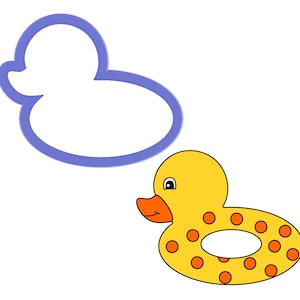 May include: Yellow rubber duck ring float with orange polka dots. The ring is shaped like a duck with a beak and eyes.