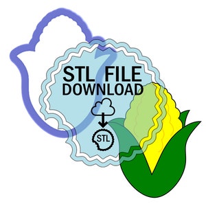 May include: A blue and white seal with the text "STL FILE DOWNLOAD" and a cloud with an arrow pointing down to the word "STL". A green corn cob with yellow kernels is in the background.