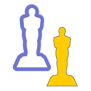 May include: A blue outline of an award statue with a yellow filled-in version of the statue to the right.
