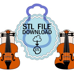 May include: Downloadable STL file for 3D printing of a violin. The image shows a blue cloud with an arrow pointing down to a circle with the word "STL" inside. Two orange violins are on either side of the cloud.