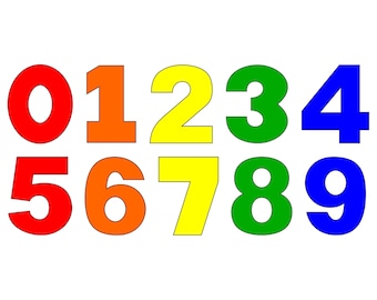 May include: A set of colorful numbers from zero to nine. The numbers are in a rainbow pattern, with red, orange, yellow, green, blue, and purple.