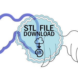 May include: A blue and white seal with the text "STL FILE DOWNLOAD" and a cloud with a downward arrow pointing to the text "STL". The seal has wings on either side.