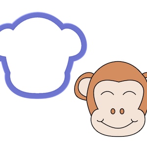 May include: A brown monkey face cookie cutter with a smiling expression. The cutter is outlined in black and has a white interior. The cookie cutter is on a white background.