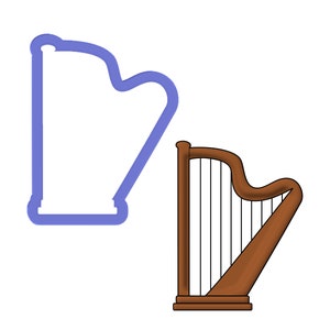 May include: A brown wooden harp with strings. The harp is a musical instrument.