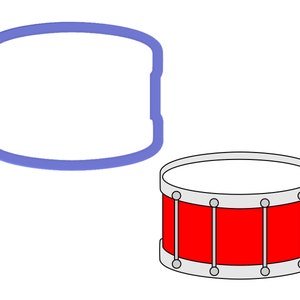 May include: A red and silver drum with a white head. The drum has a black outline and is a simple illustration.