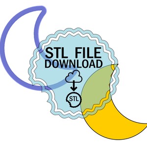 Puede incluir: Un sello azul y blanco con el texto "STL FILE DOWNLOAD" y una nube con una flecha hacia abajo que apunta al texto "STL". El sello está rodeado por una luna creciente amarilla.
