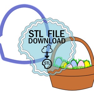 May include: STL file download for a 3D printable Easter basket filled with colourful eggs. The basket is brown with a white handle and green grass inside.
