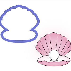 May include: A seashell cookie cutter with a scalloped edge in blue, next to a pink seashell with a pearl inside. The seashell is open, revealing the pearl. The image is a cartoon style illustration.