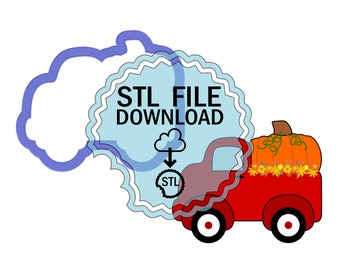 Può includere: Camioncino giocattolo rosso con una grande zucca arancione nel cassone. Il camioncino è decorato con fiori autunnali e una vite verde. L'immagine include il testo "STL FILE DOWNLOAD" con una nuvola e una freccia verso il basso.