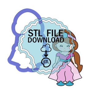 Puede incluir: Una descarga digital de un archivo STL para un cortador de galletas imprimible en 3D con forma de princesa de dibujos animados con un vestido azul y rosa. El texto "STL FILE DOWNLOAD" se muestra sobre un fondo azul y blanco.