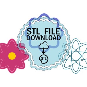 May include: A blue and white seal with the text "STL FILE DOWNLOAD" and a cloud with an arrow pointing down to a circle with the text "STL".