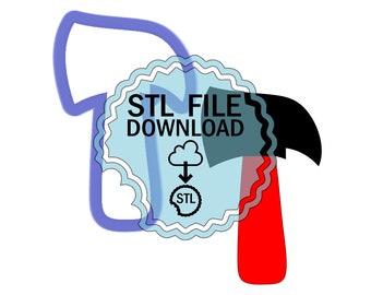 May include: A blue STL file download icon with a cloud and a downward arrow. The text "STL FILE DOWNLOAD" is in black. The icon is superimposed on a red and black hammer.