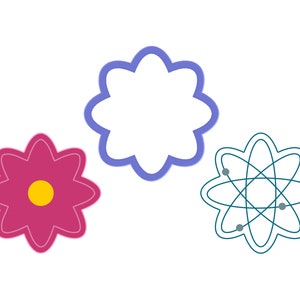 May include: Three cookie cutters in the shape of a flower, a simple flower, and an atom. The flower cookie cutter is pink with a yellow center. The simple flower cookie cutter is blue. The atom cookie cutter is blue with gray dots.