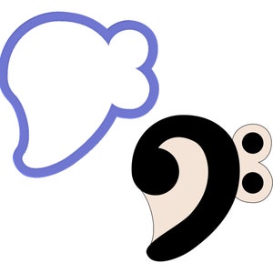 May include: A black and white cookie cutter in the shape of a treble clef with two small circles on the right side. The cookie cutter is on a white background.
