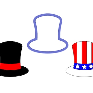 May include: Three different hat designs. A black top hat with a red band, a blue outline of a top hat, and a red and white striped top hat with blue stars.