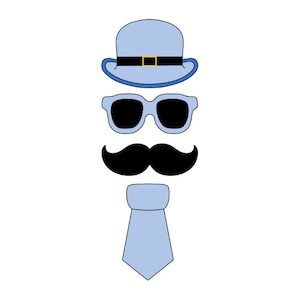 May include: A blue hat with a black band, black sunglasses, a black mustache, and a light blue tie.