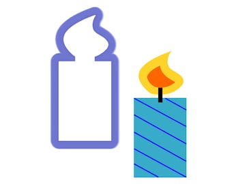 May include: Two candles, one with a blue and white striped body and a yellow flame, and the other with a purple outline and a white flame.