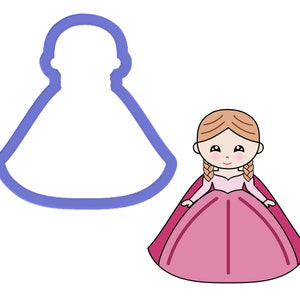 May include: A cookie cutter in the shape of a girl wearing a pink dress with a long skirt and braids. The cutter is blue.