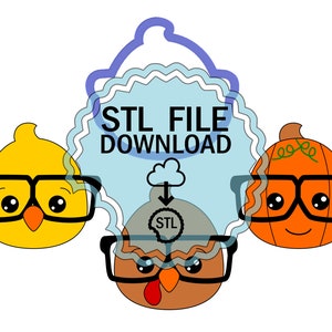 May include: Three cartoon characters wearing glasses, a yellow chick, a brown turkey, and an orange pumpkin. The image includes the text "STL FILE DOWNLOAD" and a cloud with an arrow pointing down to the word "STL".