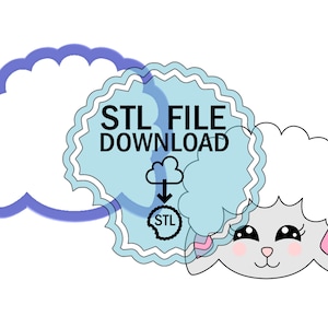 May include: A digital download of an STL file for a 3D printable cute cartoon lamb with big eyes. The download is indicated by a cloud with an arrow pointing down to the word "STL".