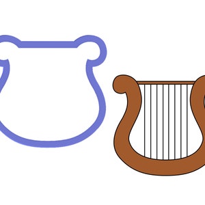 May include: A blue cookie cutter shaped like a lyre, a stringed musical instrument, and a brown lyre with strings.