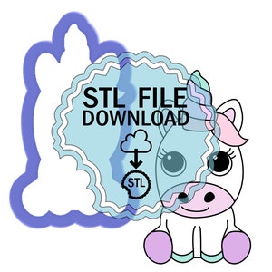 May include: A digital download of an STL file for a 3D printable unicorn cookie cutter. The unicorn is white with pink and blue accents. The text "STL FILE DOWNLOAD" is in a blue circle with a cloud and arrow pointing down.