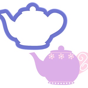 May include: A purple teapot cookie cutter with a pink handle and white flowers. The cutter is shown next to a purple teapot with white flowers and a pink handle.