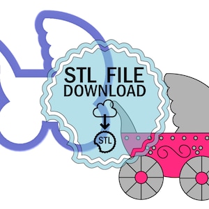 May include: A digital download of an STL file for a 3D printable baby carriage. The carriage is pink with white polka dots and gray wheels. The image also includes a blue butterfly.
