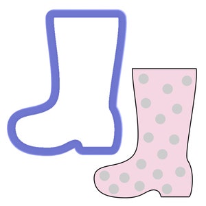May include: A blue outline of a rain boot next to a pink rain boot with white polka dots.