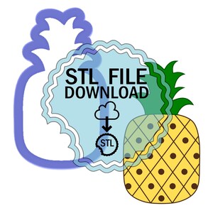 May include: A digital download of an STL file for a 3D printable pineapple. The image shows a blue outline of the pineapple and a yellow pineapple with brown spots and a green leafy top. The text "STL FILE DOWNLOAD" is in a blue circle with a cloud and downward arrow.