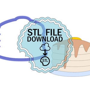 以下が含まれることがあります： 「STL FILE DOWNLOAD」というテキストと、下向きの矢印が付いた雲のアイコンが書かれた青と白のデジタルダウンロードバッジ。バッジは、シロップと黄色のバターのかたまりが乗ったパンケーキのスタックのデジタルイラストによって部分的に隠されています。
