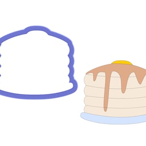 May include: A blue plastic cookie cutter shaped like a stack of pancakes. A drawing of a stack of pancakes with syrup and a pat of butter on top is shown next to the cutter.