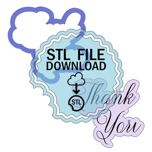 May include: A blue and white digital download badge with the text "STL FILE DOWNLOAD" and a cloud with a downward arrow. The text "STL" is in a circle below the arrow. The text "Thank You" is written in cursive in purple.