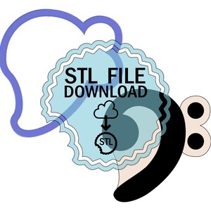 Op de afbeelding: Een blauwe en witte zegel met de tekst "STL FILE DOWNLOAD" en een wolk met een pijl naar beneden. De zegel is omgeven door een golvende witte en blauwe rand. De afbeelding bevat ook een abstracte vorm in zwart en wit.