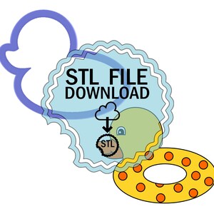 Puede incluir: Una descarga digital de un archivo STL para una impresión 3D de un flotador inflable. El flotador es amarillo con lunares naranjas. La imagen también incluye un sello azul y blanco con el texto "STL FILE DOWNLOAD" y una nube con una flecha apuntando hacia abajo a un pequeño círculo con el texto "STL".