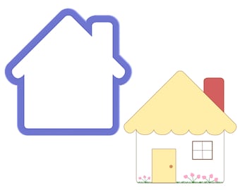 May include: A blue house cookie cutter with a yellow house illustration with a red chimney, a yellow door, and a window. The house has a scalloped roof and pink flowers in front.