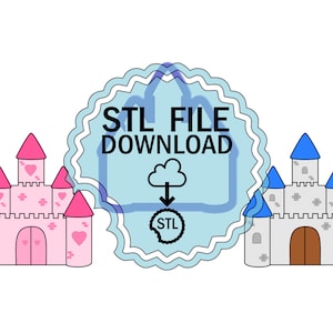 May include: A digital download of two 3D printable castle models. The pink castle has hearts on the towers and the gray castle has blue towers. The download is for an STL file.
